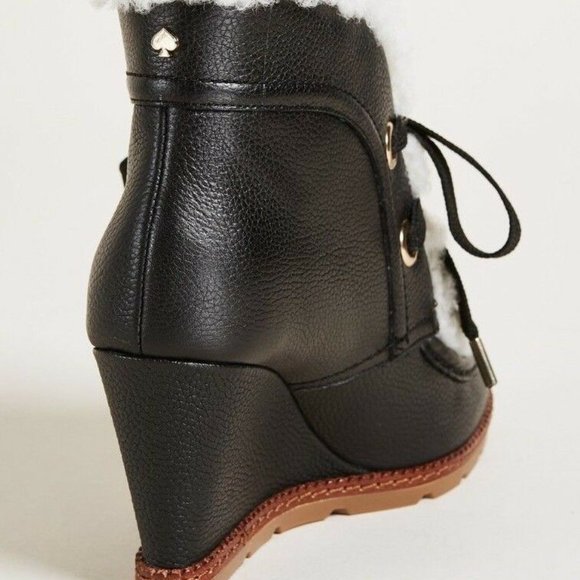 KATE SPADE NY SANDY BLACK LEATHER SHEARLING ANKLE BOOTS BLACK WEDGES SZ 9 *NEW - Picture 6 of 10